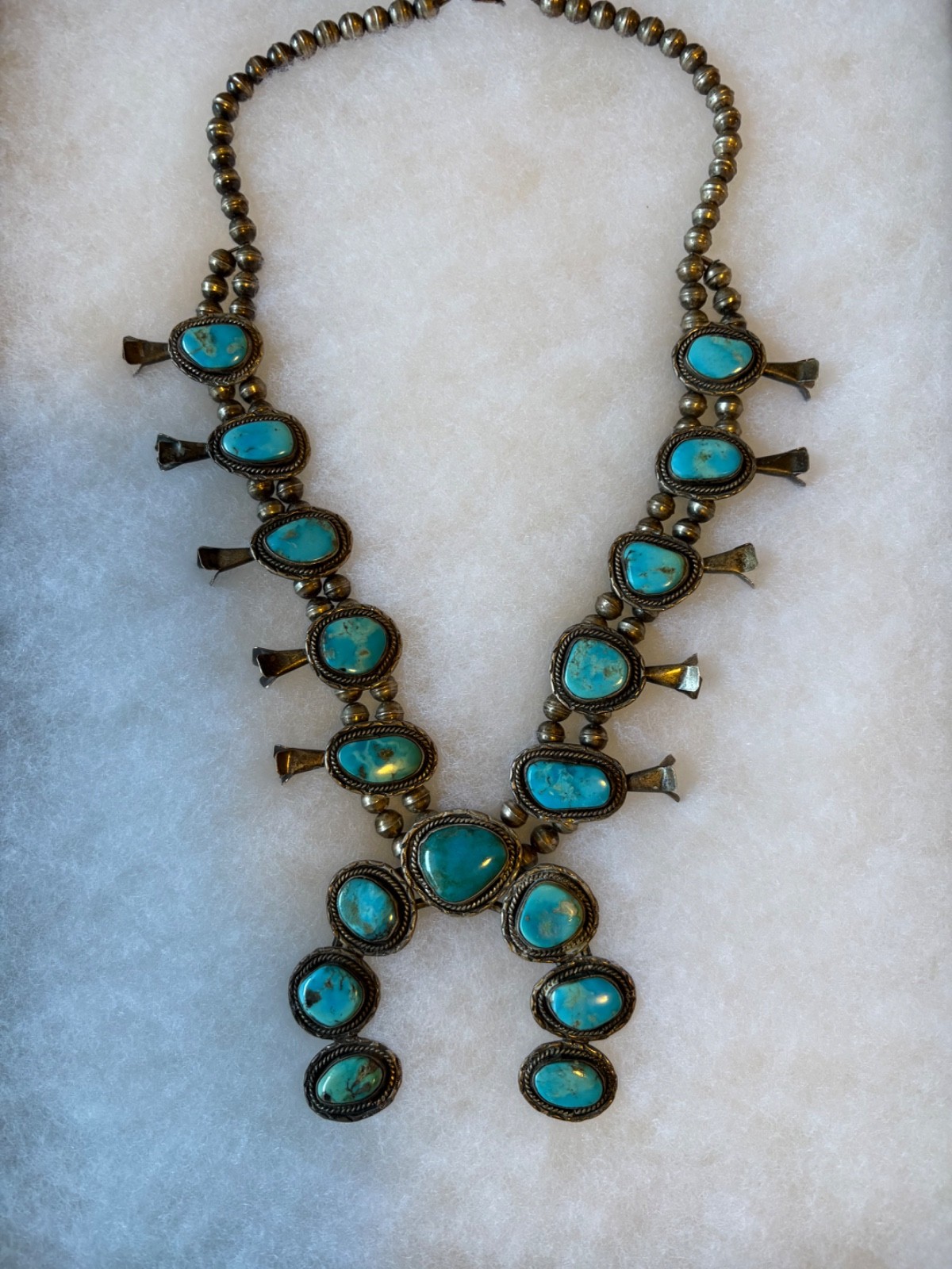 VINTAGE STERLING SILVER TURQUOISE NAVAJO SQUASH BLOSSOM NECKLACE UNSIGNED