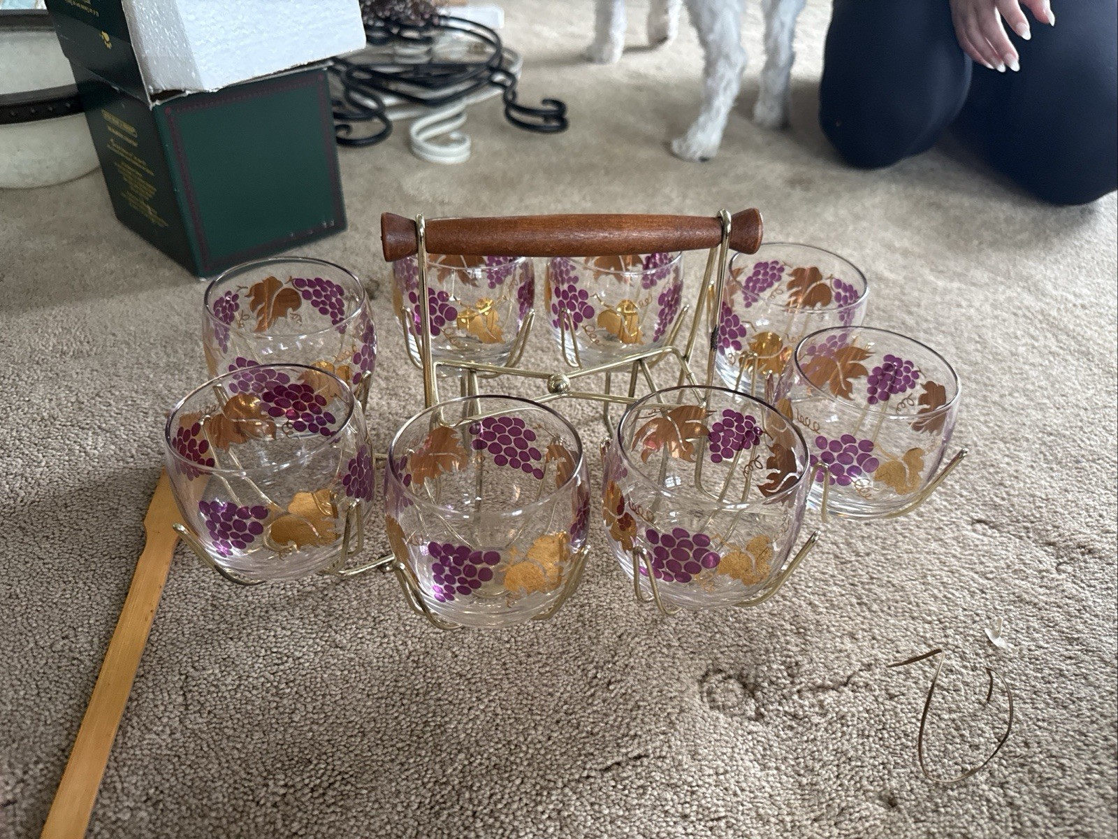 Gorgeous Vintage Mid Century Modern Rolly Polly Glassware & Caddy Purple Gold