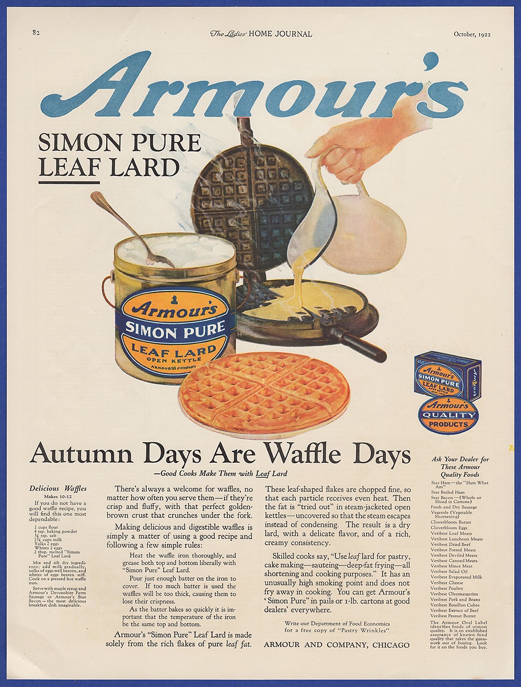 Vintage 1922 ARMOUR'S Simon Pure Leaf Lard Waffles Ephemera 1920's Print Ad