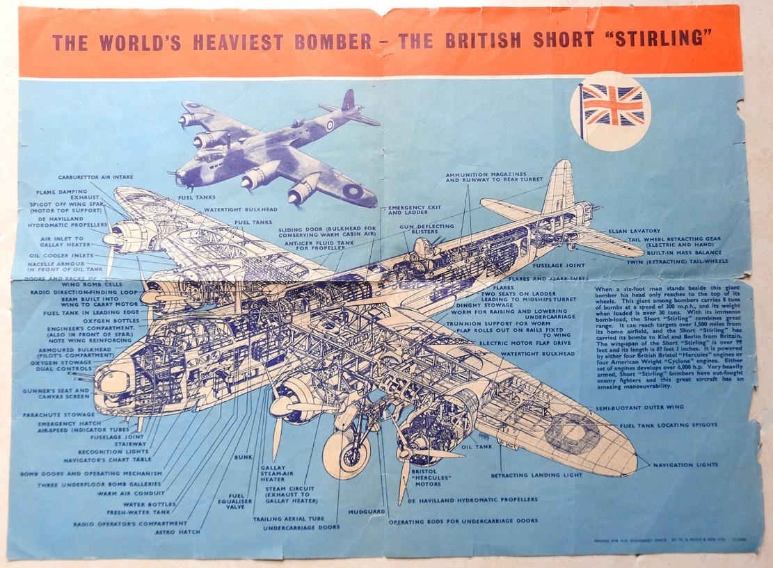 1942 WWII BRITISH SHORT STIRLING BOMBER RAF CUTAWAY POSTER HMSO