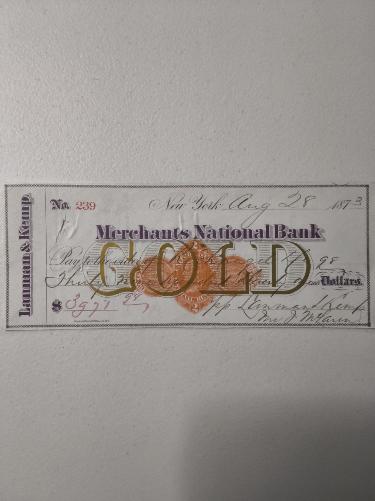 original 1873 check issued by the historic New York drug firm, Lanman & Kemp,