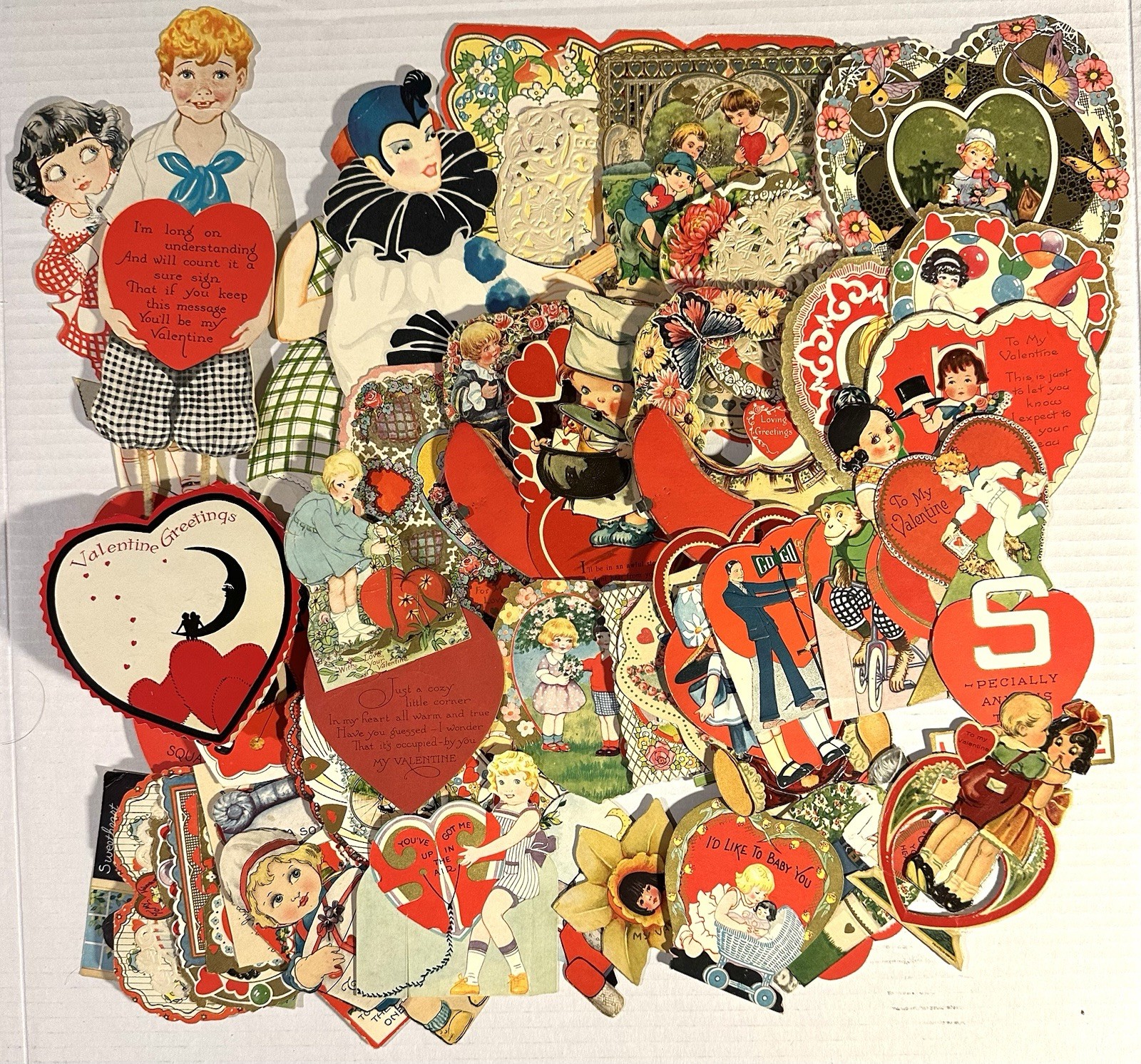 Lot 52 Vintage Valentines cards - mechanical, cats, dogs, children, clowns