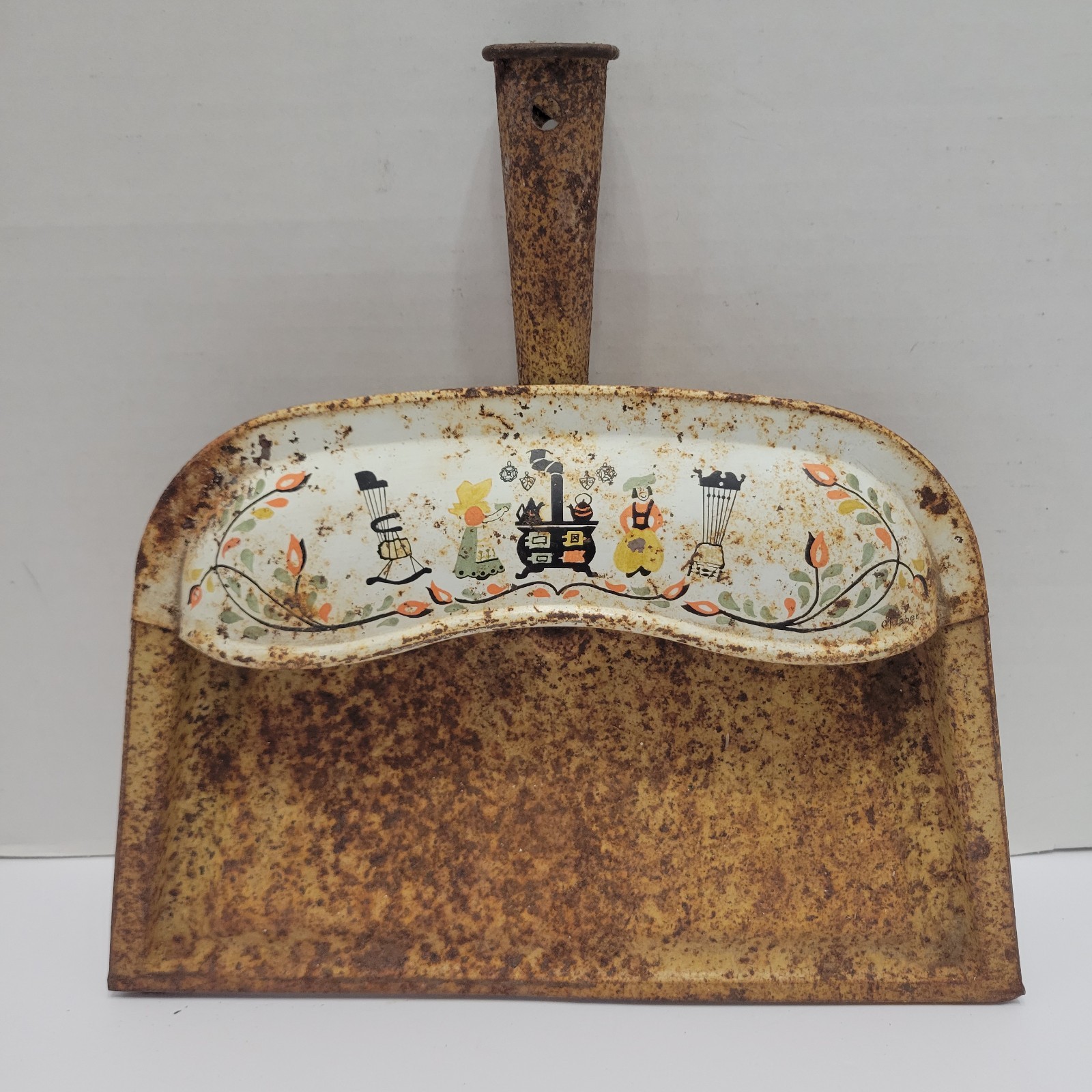 VTG JV Reed Metal Dust Pan M. Taber Dutch Amish Folk Farmhouse Kitchen