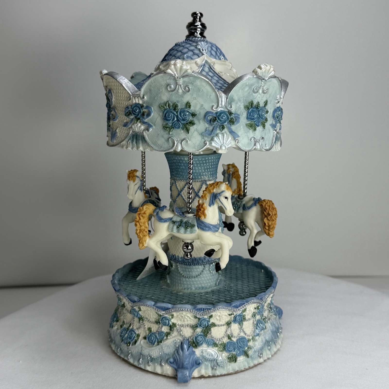 Vintage 1970\'s Victorian Blue Rose 4 Horse Musical Carousel, Timeless Treasures