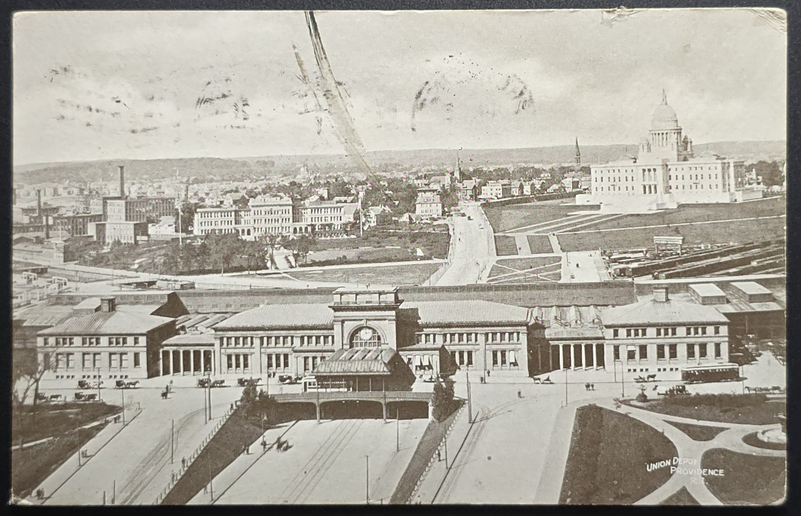 1910 Union Depot Providence RI Postcard State Capitol View Early Autos