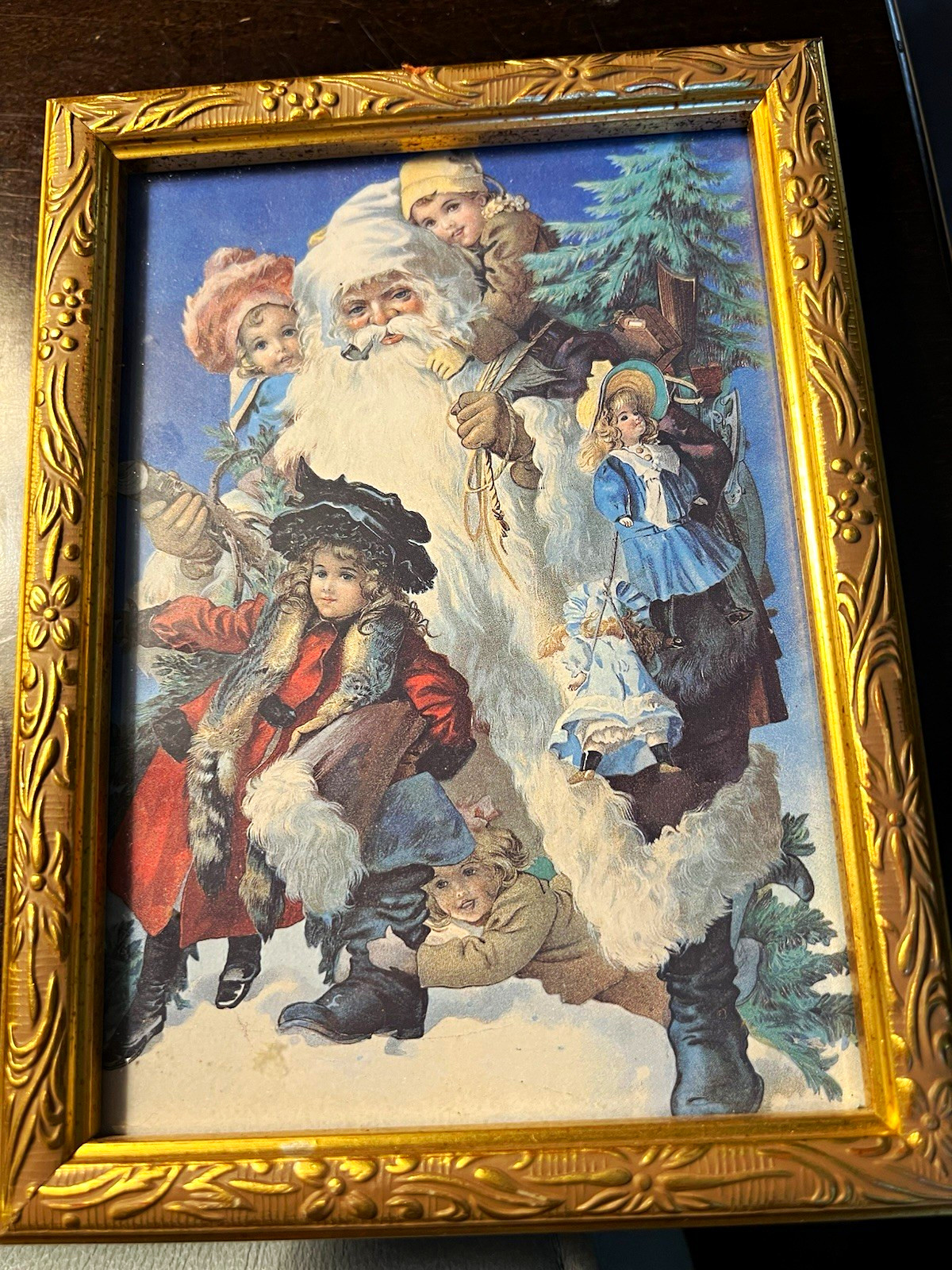 Vintage Victorian Santa Christmas Framed Print Gold Tone Wood Frame Wall Hanging