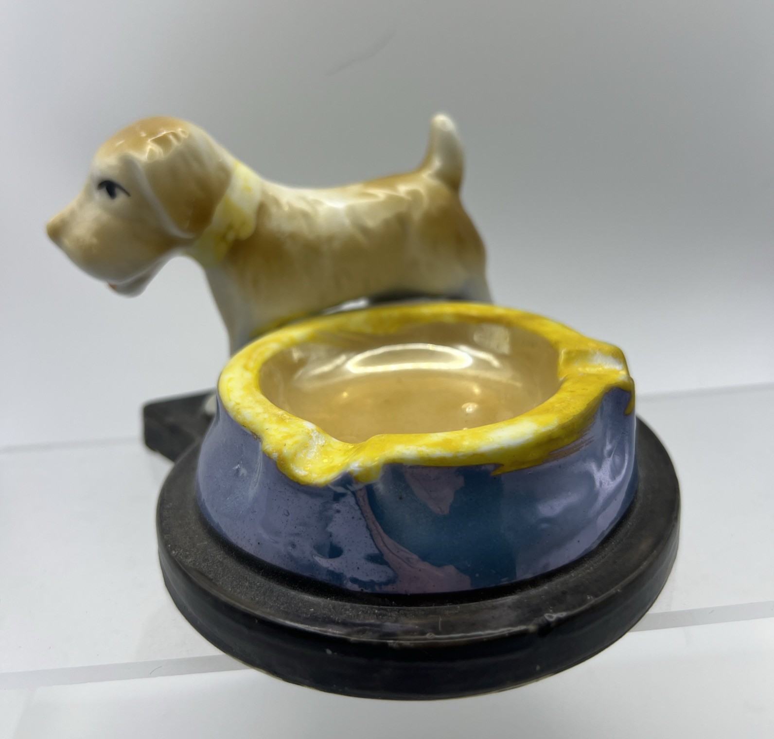 Vtg 1960\'s  Ceramic Terrier Dog Ashtray Made in Japan Trinket Dish Yellow Blue