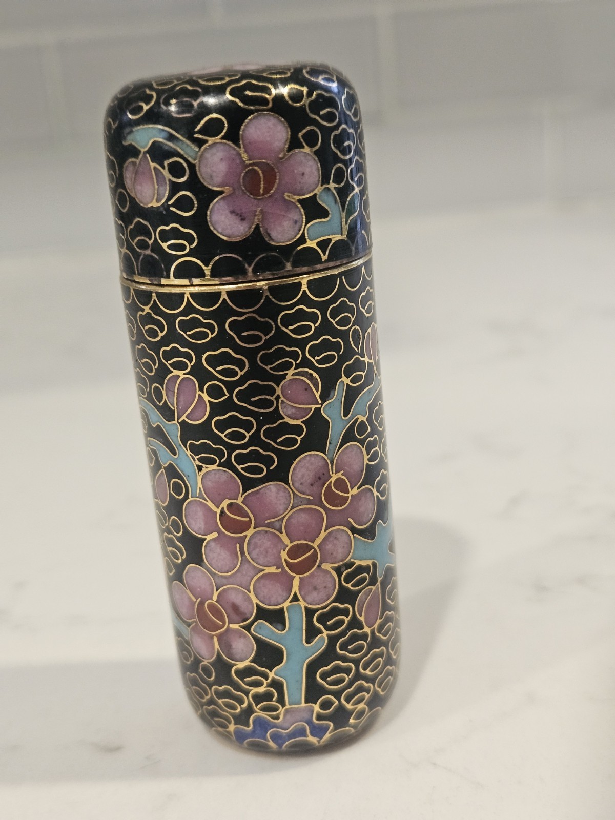 Vintage Chinese Cloisonne Enamel Cylindrical Lidded Box Floral Black 4\