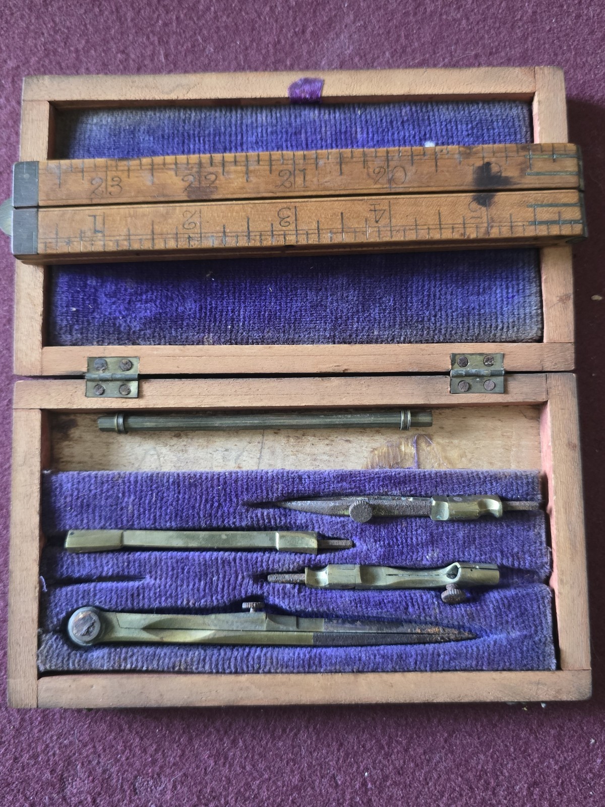 Antique Vintage Wooden Drafting Tool Set Box Folding Ruler Compass Divider As is