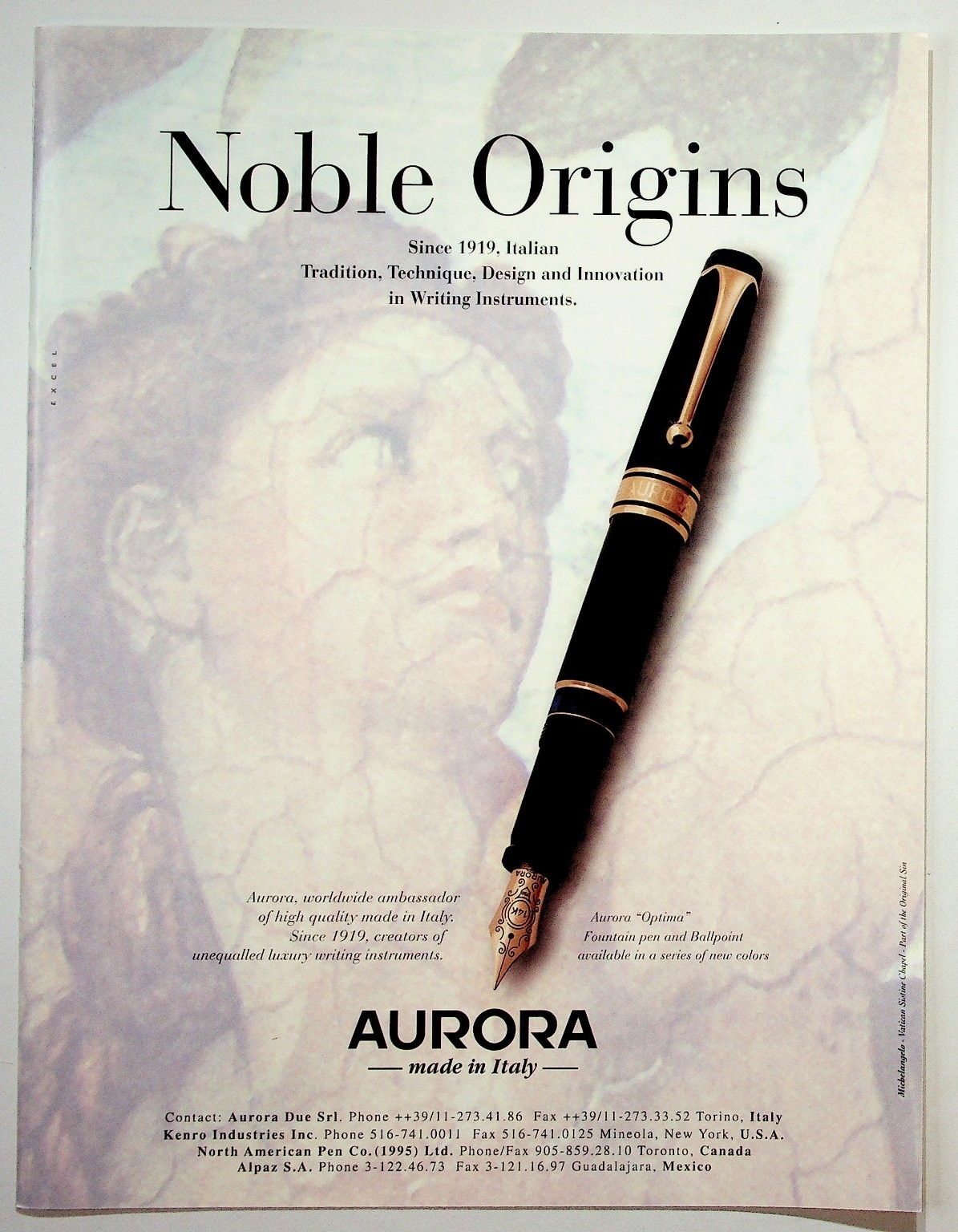 1995 Aurora Optima Fountain Pen Ad Italian Luxury Writing Instrument Ephemera