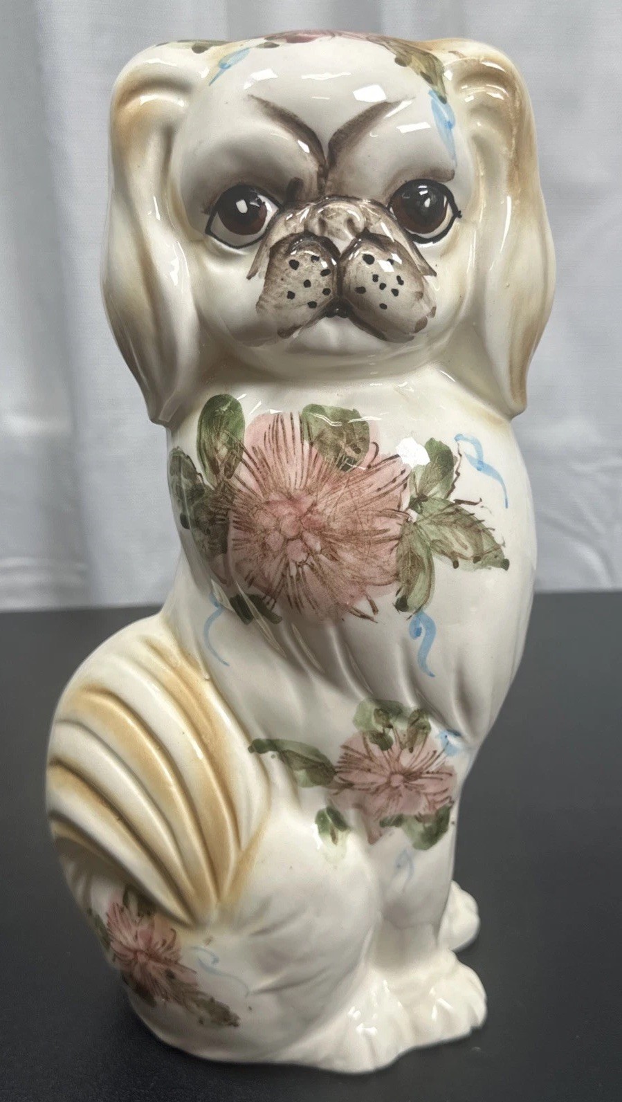 Vintage Large Ceramic Pekingese Dog Figurine Hand Painted Floral Chinoiserie 14\