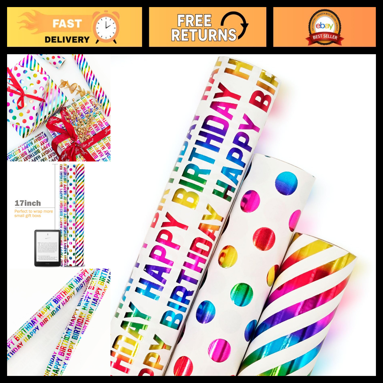 JESTAR Happy Birthday Wrapping Paper, 3 Rolls Gift Wrapping Paper Mini Roll Wrap