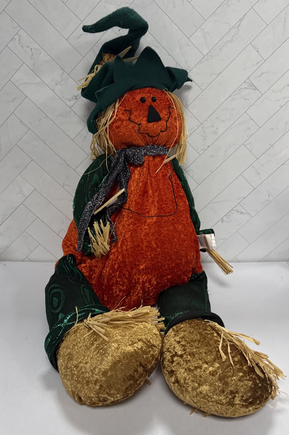 Vintage Sitting Pumpkin Posable Plush Halloween Decoration 90s 12\