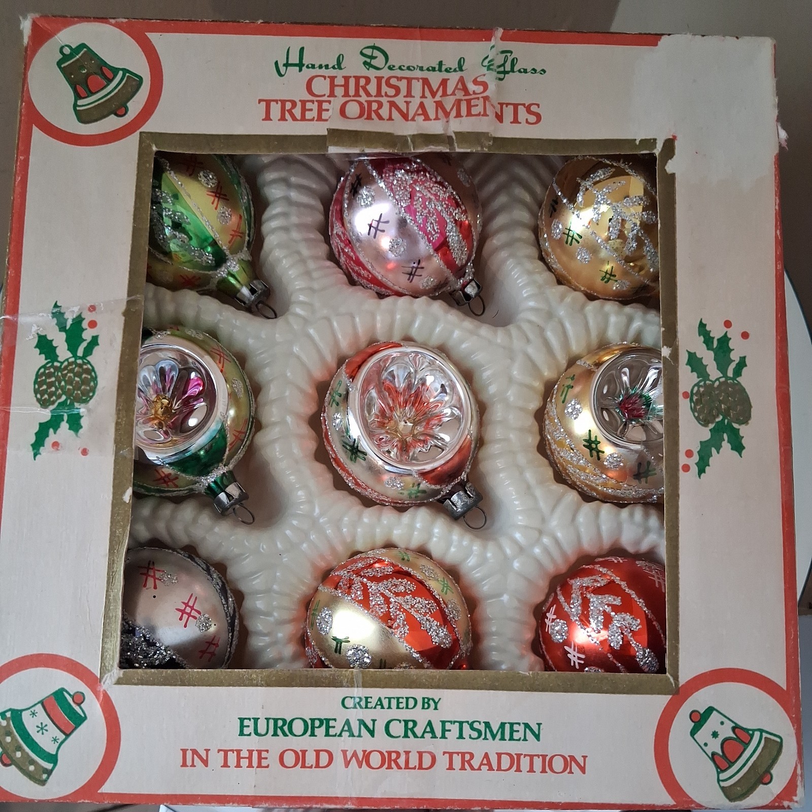 Vtg Commodore Romania Hand Decorated Mercury Glass Christmas Ornaments Set Of 9 
