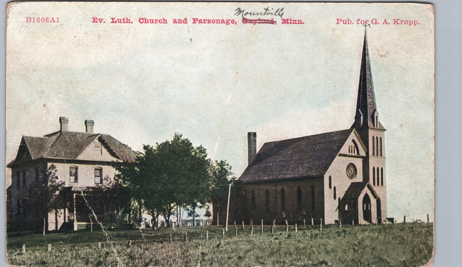 EV LUTHERAN CHURCH mountville mn antique postcard minnesota gaylord~LIGHT CREASE