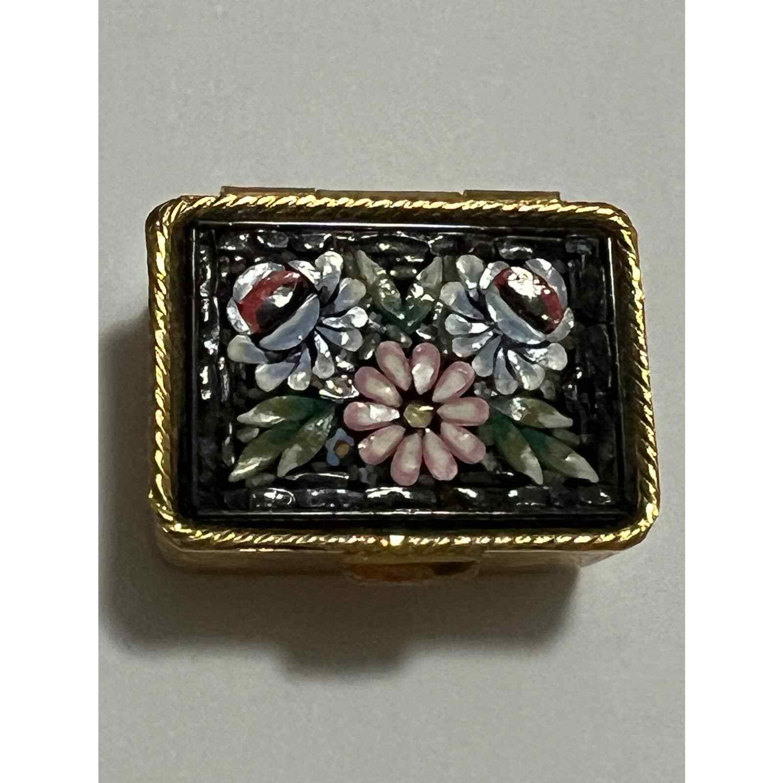 Vintage Italian Micro Mosaic Floral/Gold Hinged Pill Snuff Trinket Box