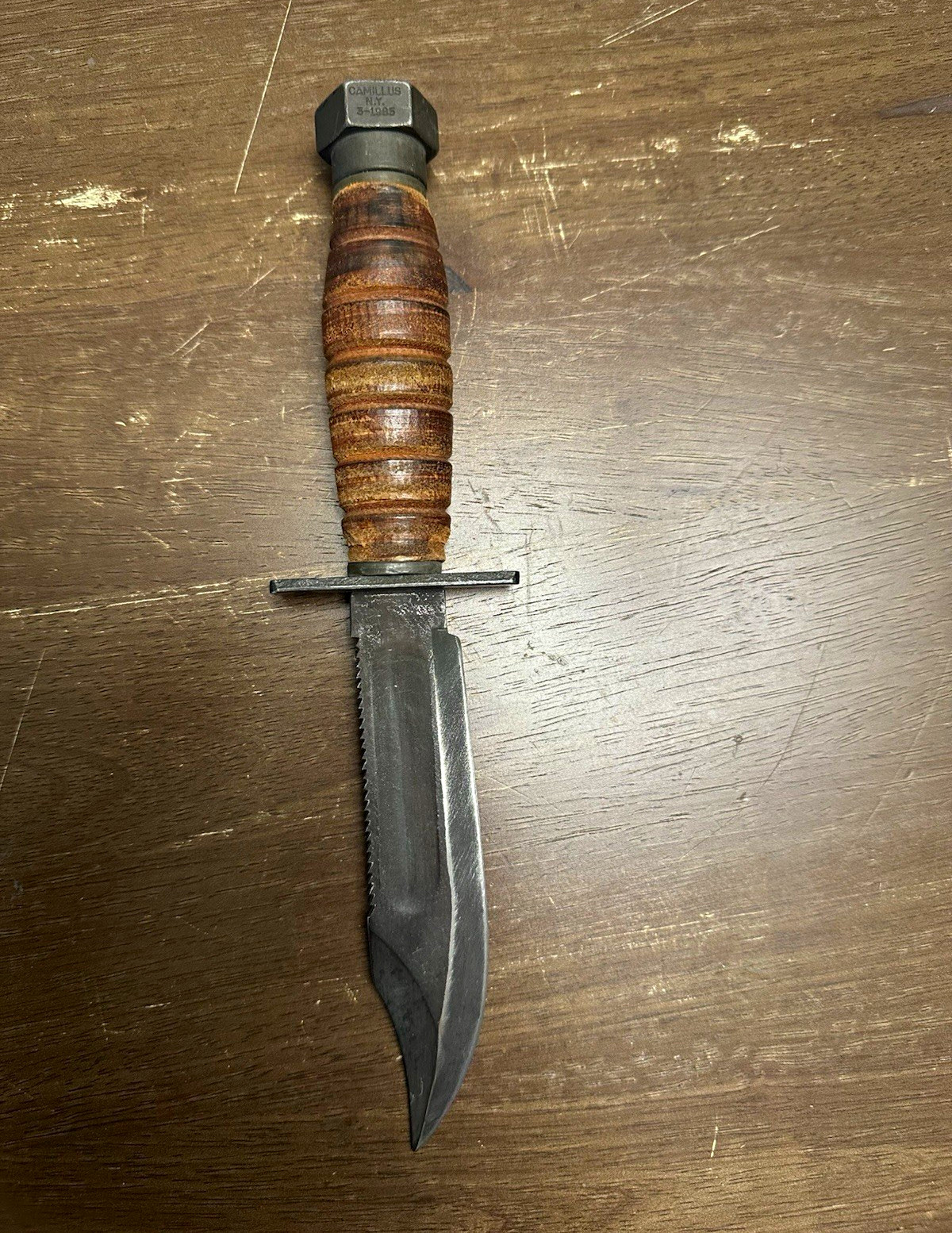 Vintage Camillus Jet Pilot Survival Knife 3-1985 5” Blade Leather Handle