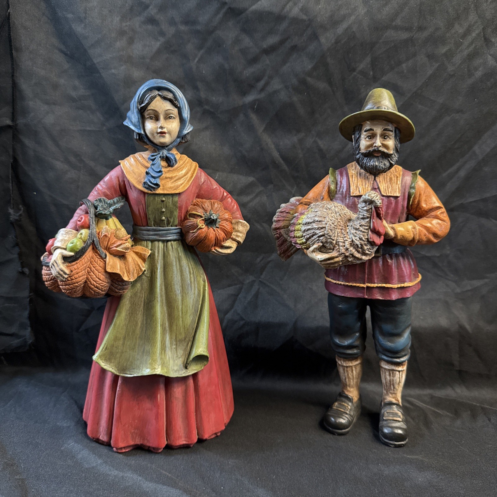 Thanksgiving Pilgrim Couple Figurines Resin Fall Autumn Turkey Decor 2 Piece Set