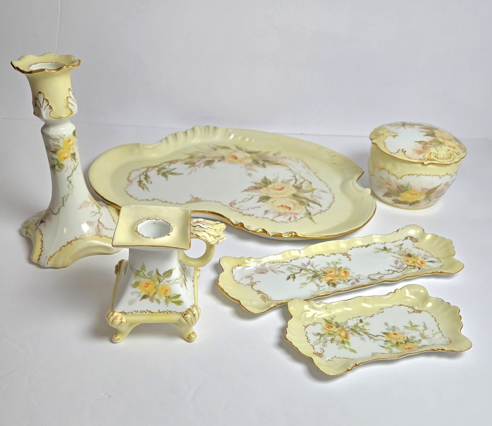 Antique Limoges Yellow Rose Vanity Set Jar & Lid 3Trays 2 Candle Holders Perfect