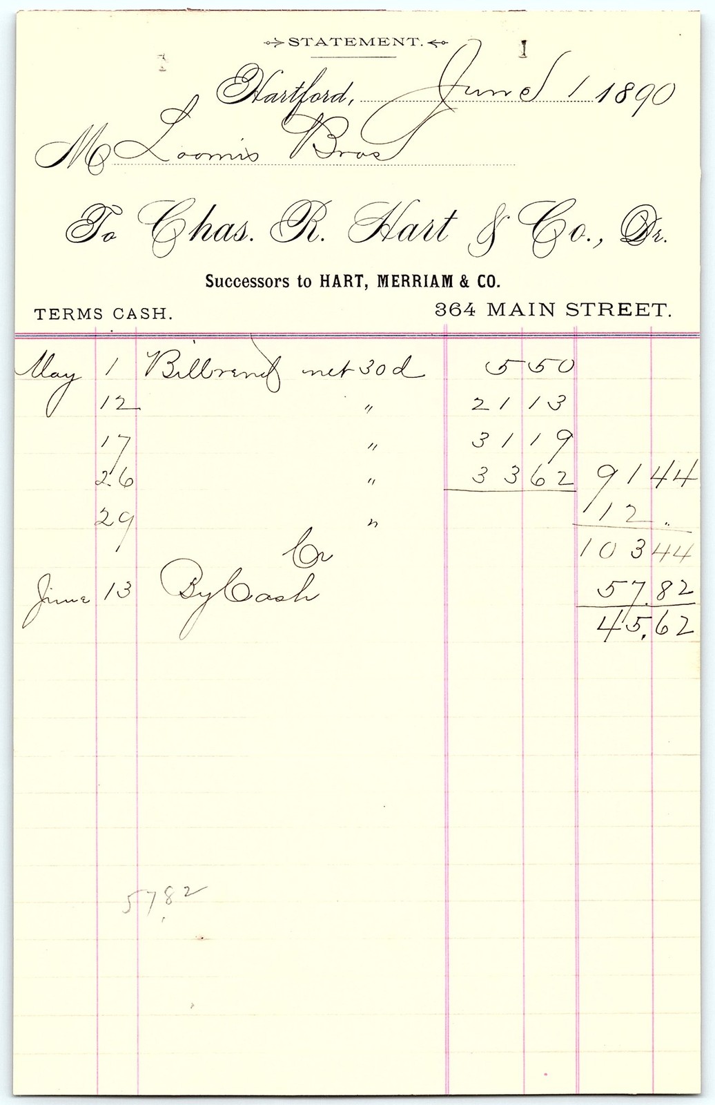 1890 Hartford CT Chas. R. Hart & Co. merchant billhead