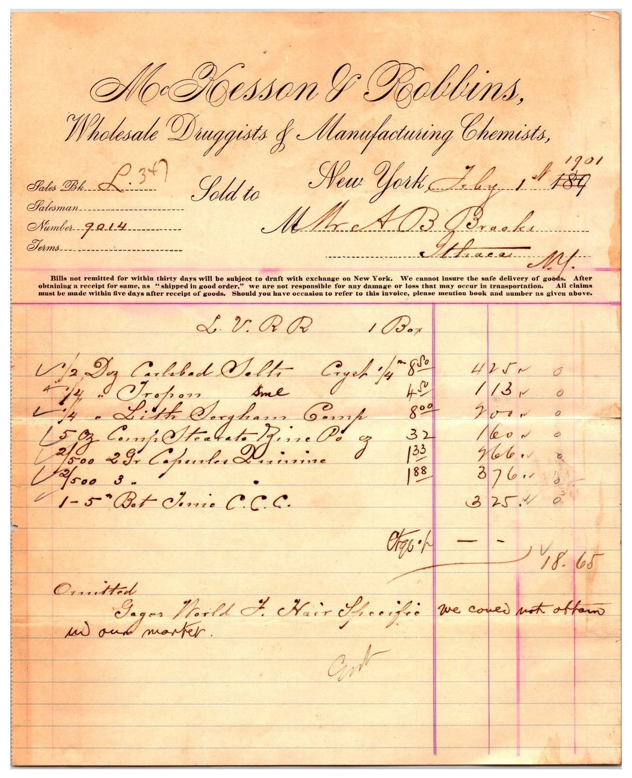 Original 1901 McKesson Druggists / Chemists Receipt Paper (Dated New York 1901)