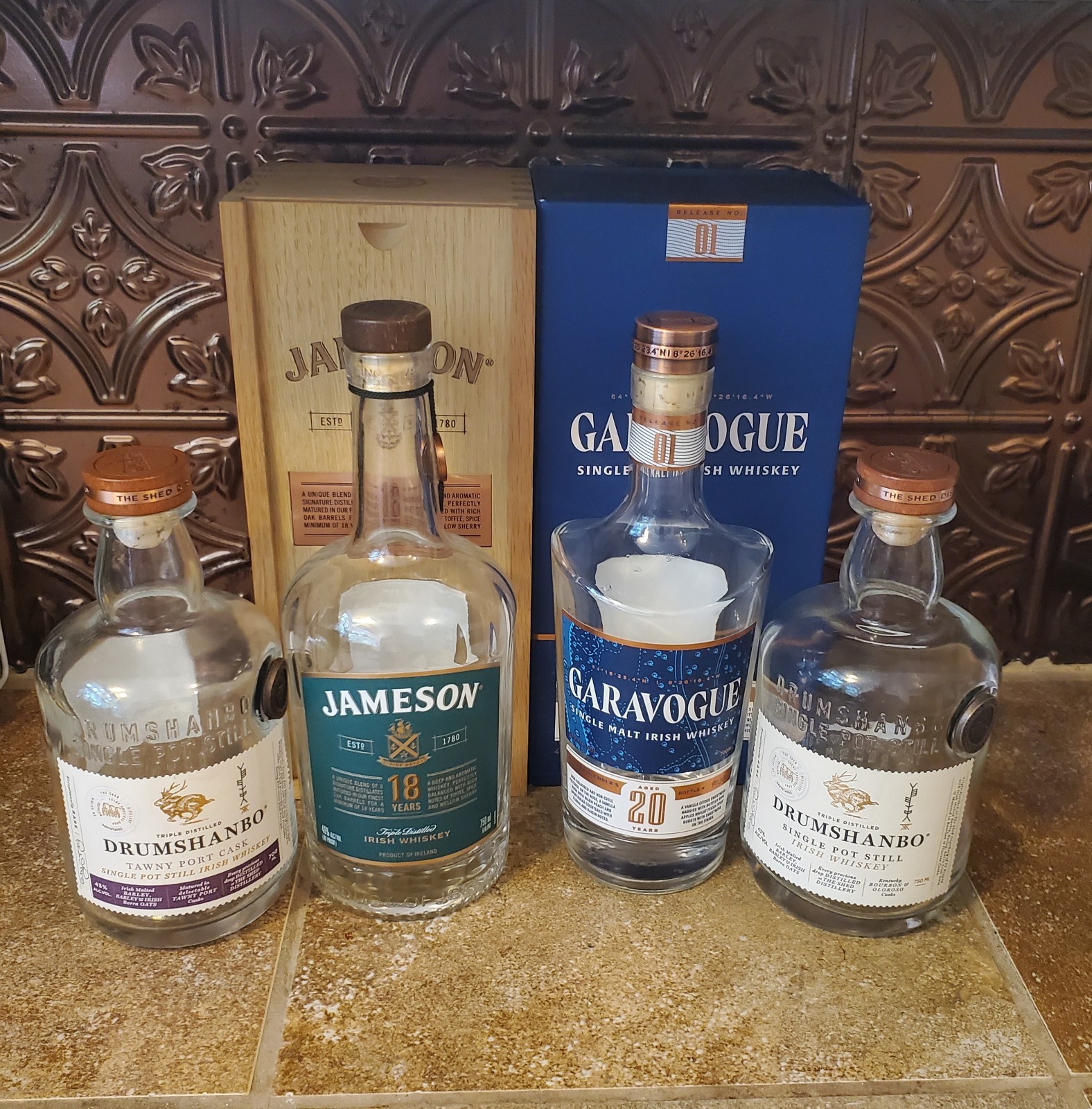 RARE Irish 🇮🇪 Whiskey Lot Jameson 18 Year Empty Bottle & Oak Box GARAVOGUE 20