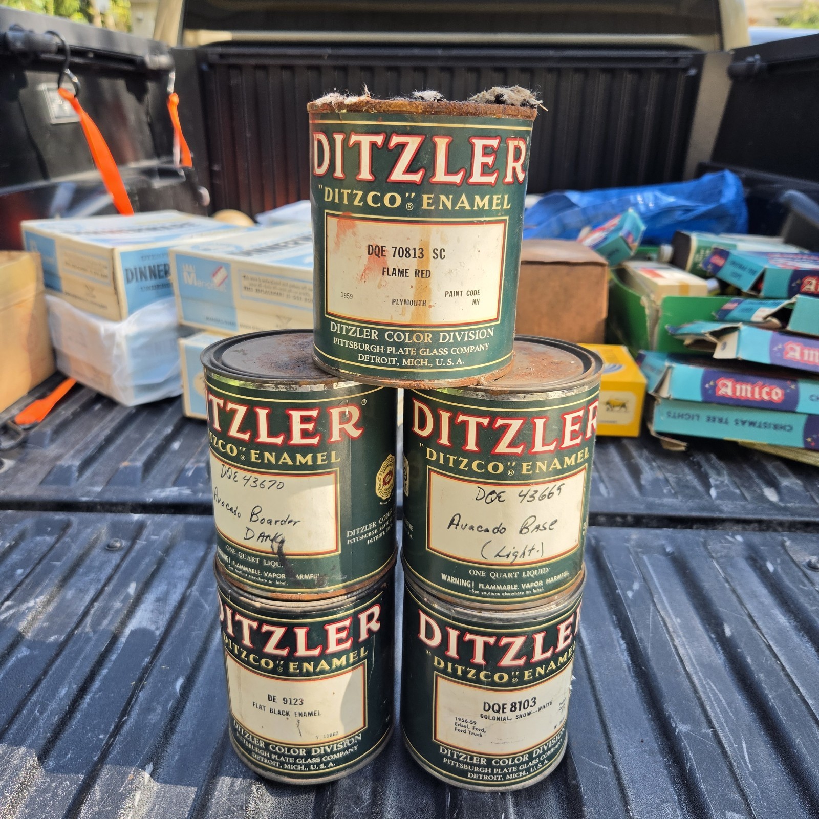 Vintage Plymouth Paint Cans - Ditzler Ditz Red Avocado Snow White Edsel Black