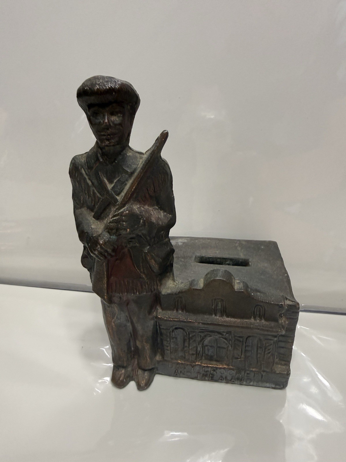 Davy Crocker Bank- Rare Standing Bank. Heavy Pot Metal, Bronze Color Finish. 6”