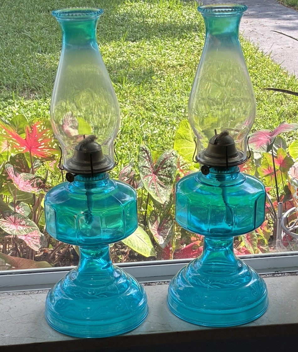 2 Vintage P & A Risdon Blue Glass Oil Lamp Base w/Burner and Chimney 18” Tall 