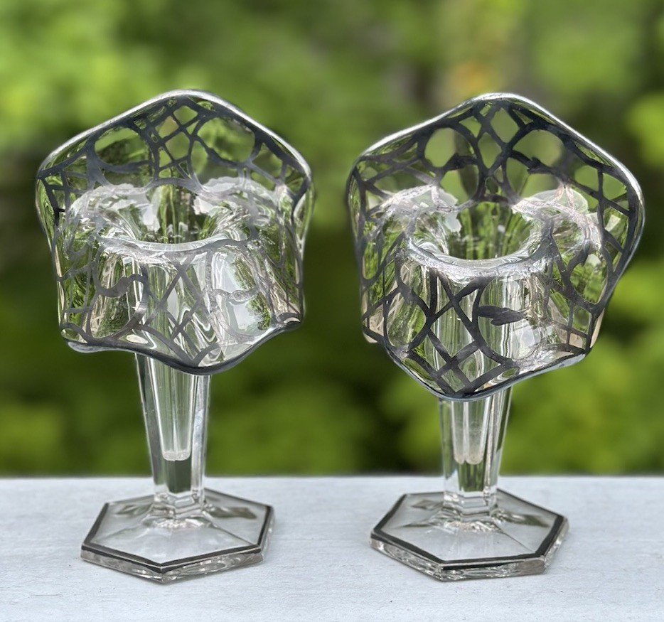 Vintage Pair Jack in the Pulpit Glass Vase Silver Overlay Art Deco Unused