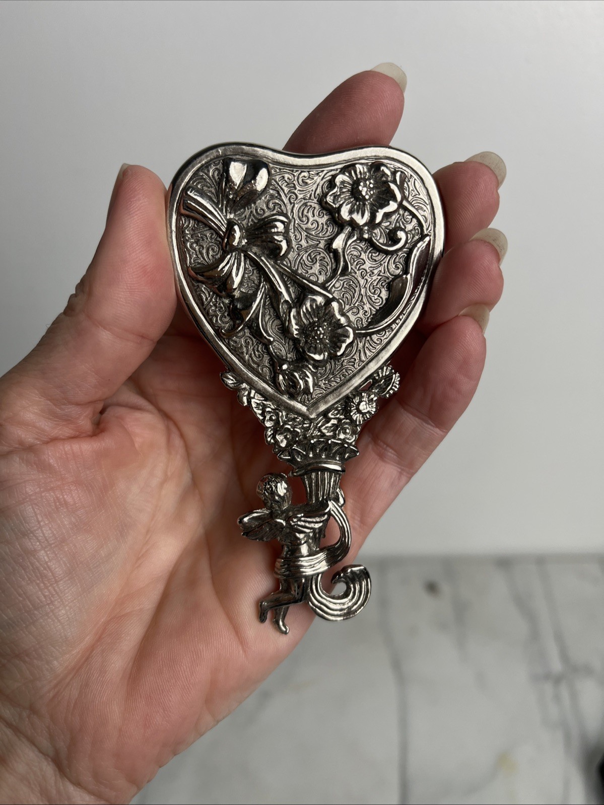 Vintage 1928 Jewelry Co. Cherub Heart Mini Hand Mirror