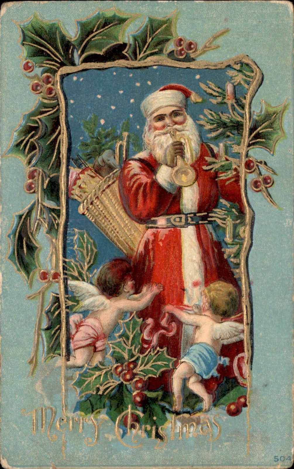 Christmas Santa Claus with Trumpet Fantasy Embossed c1900s-10s Vintage Postcard