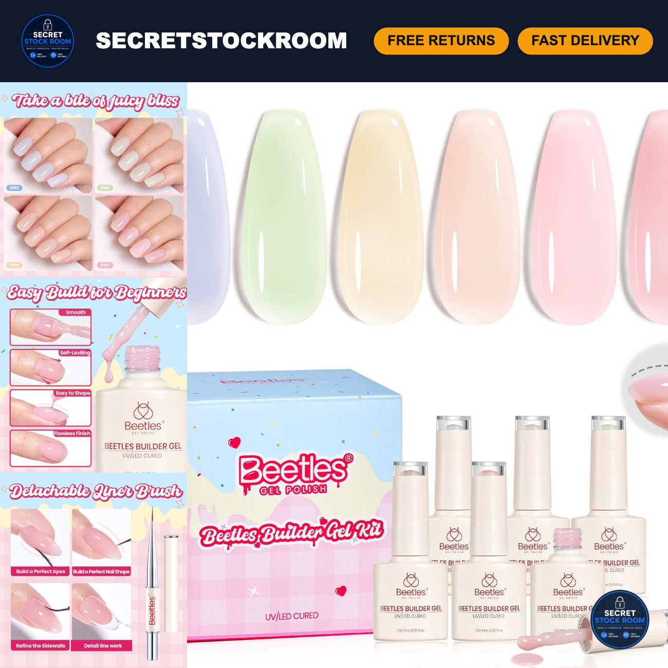 Beetles Builder Gel Nail Kit, 6 Colors 8 in 1 Jelly Pink Nude Builder Gels