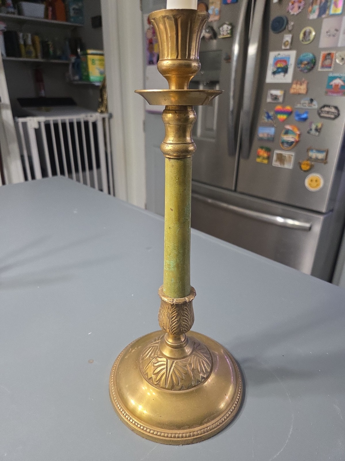 Antique French Louis XVI Style Brass Candlestick Leaf Relief Motif Taper Holder