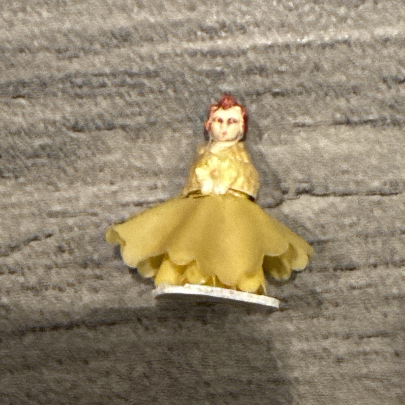 Vintage Miniature Doll Figurine Yellow Floral Dress Heart Base 2” Mini Scale