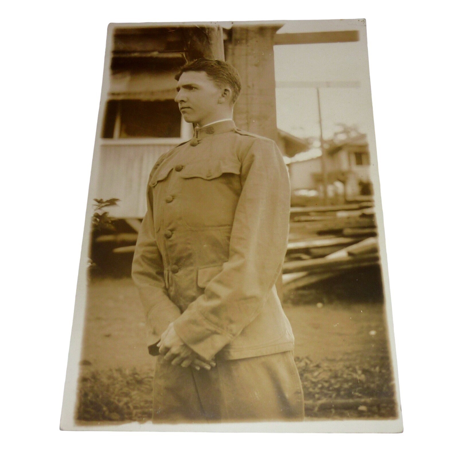 Antique WWI US Army Soldier RPPC Real Photo Postcard Sepia Doughboy Portrait