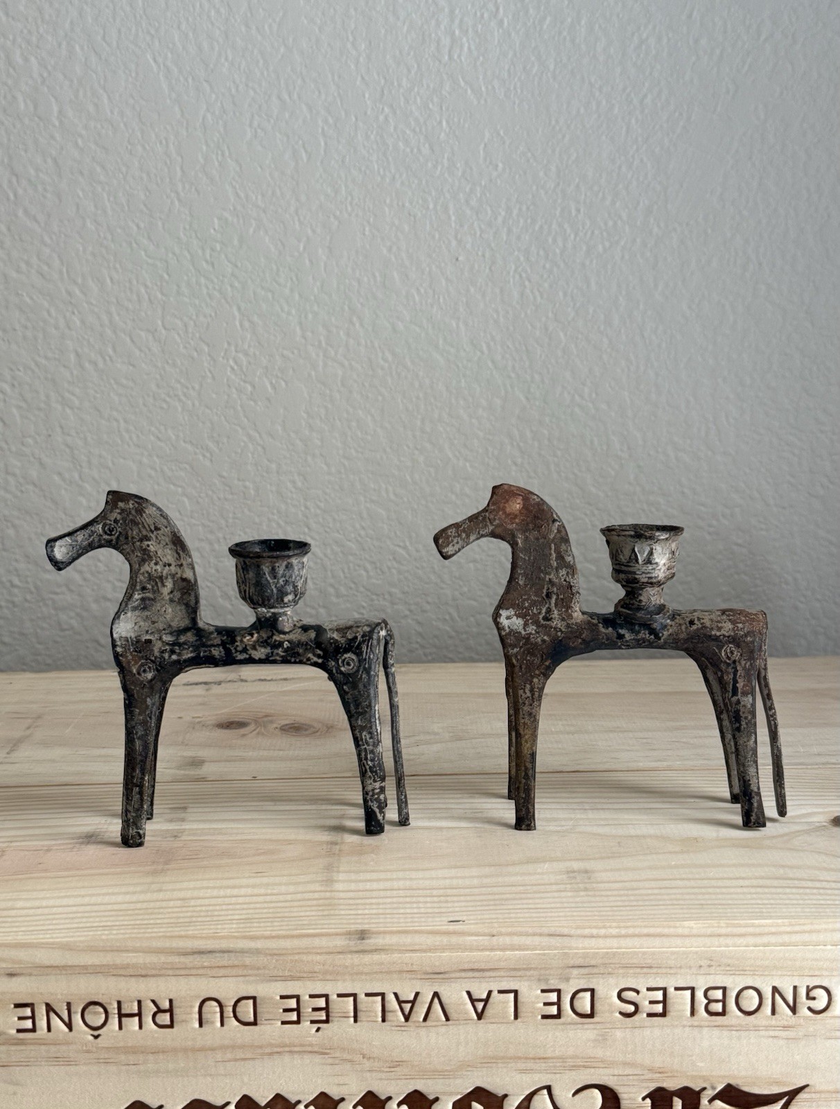 Antique Horse Candlesticks Pair Cast Metal Candle Holders Western Folk Art Decor
