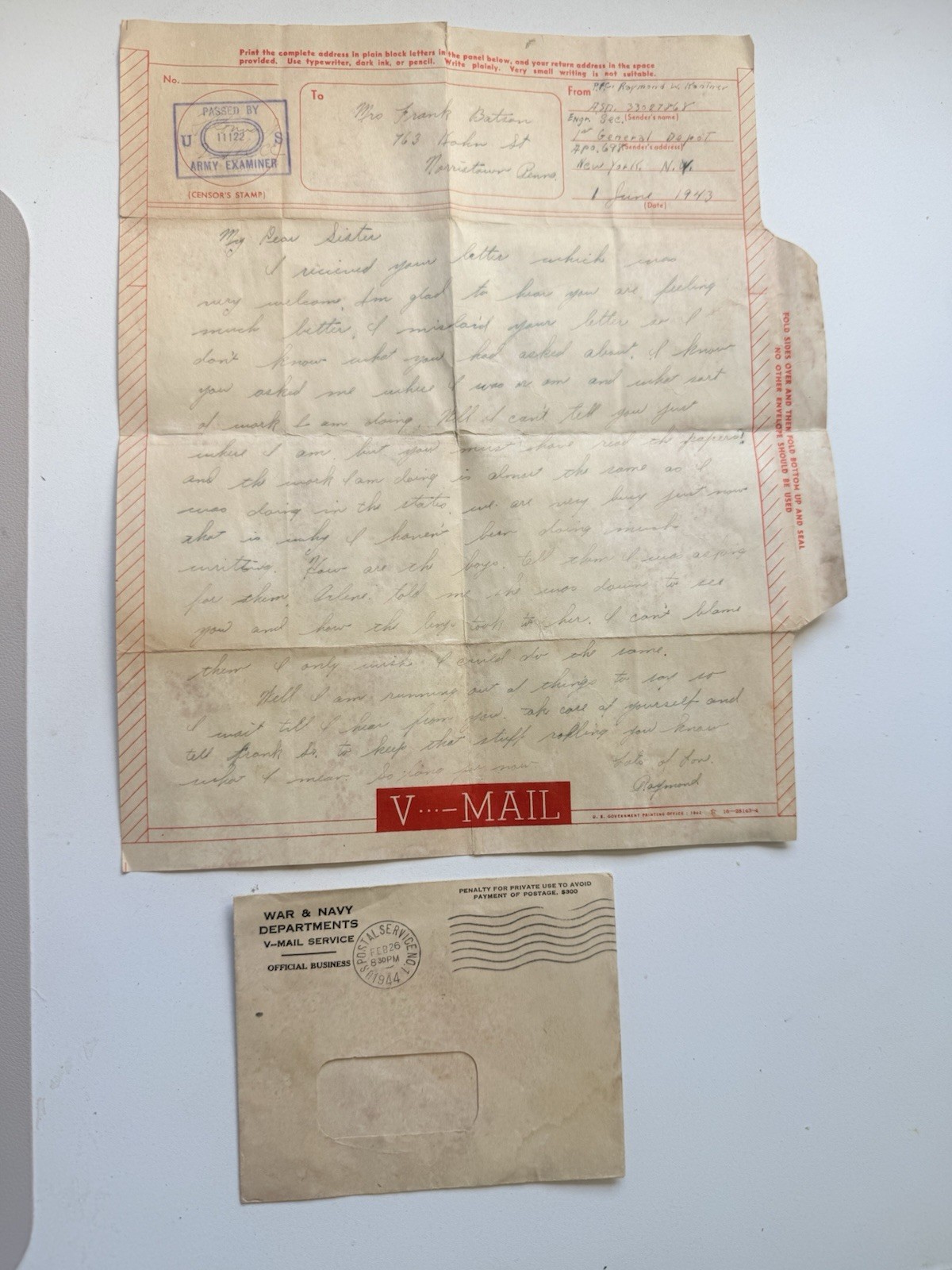 WWII 1943 US Army V-Mail Letter Censor Stamp + 1944 Official Envelope Original