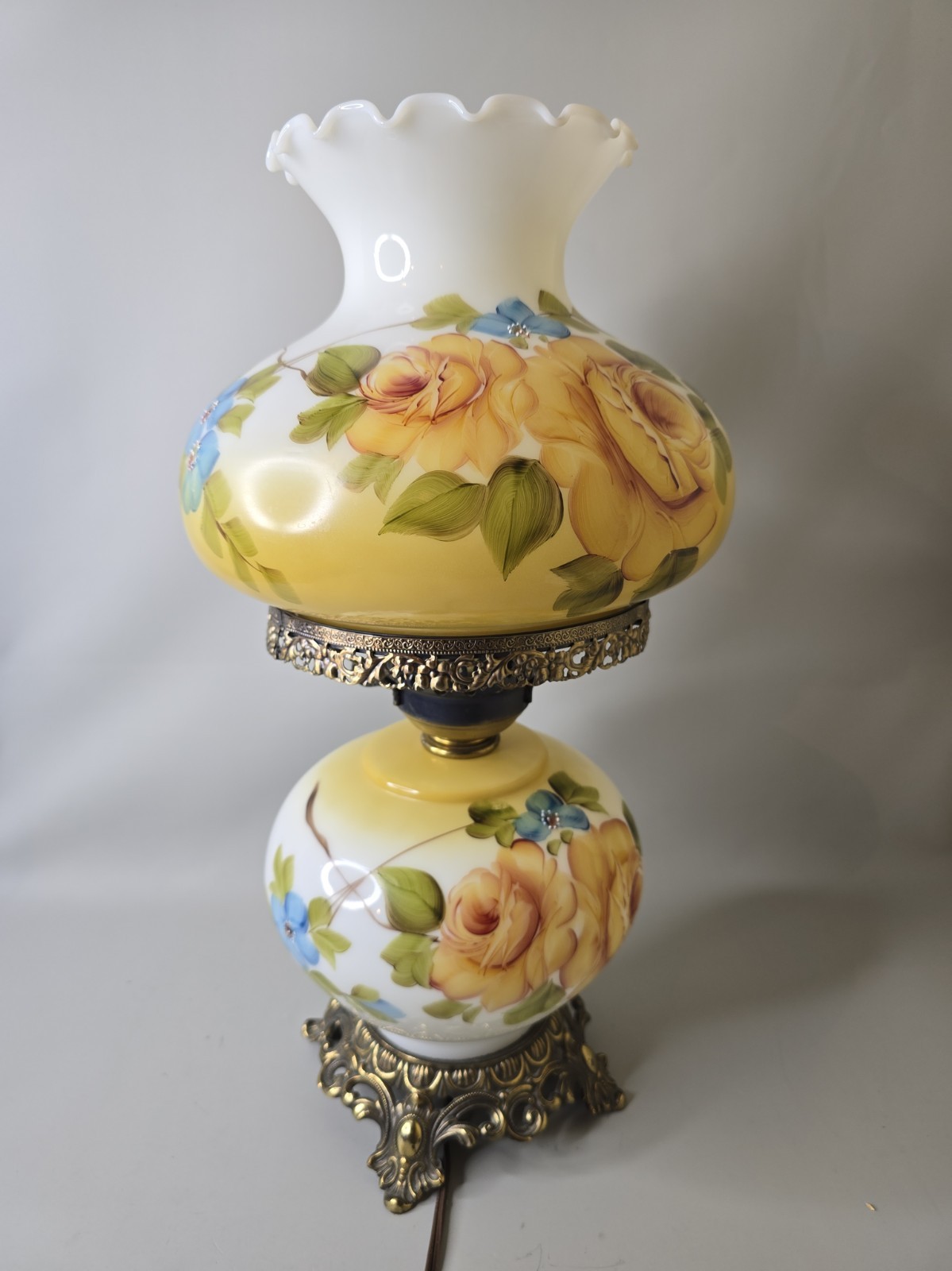 VTG Gone With The Wind Hurricane 3-way Rose Floral Parlor Lamp Hand Painted 20”