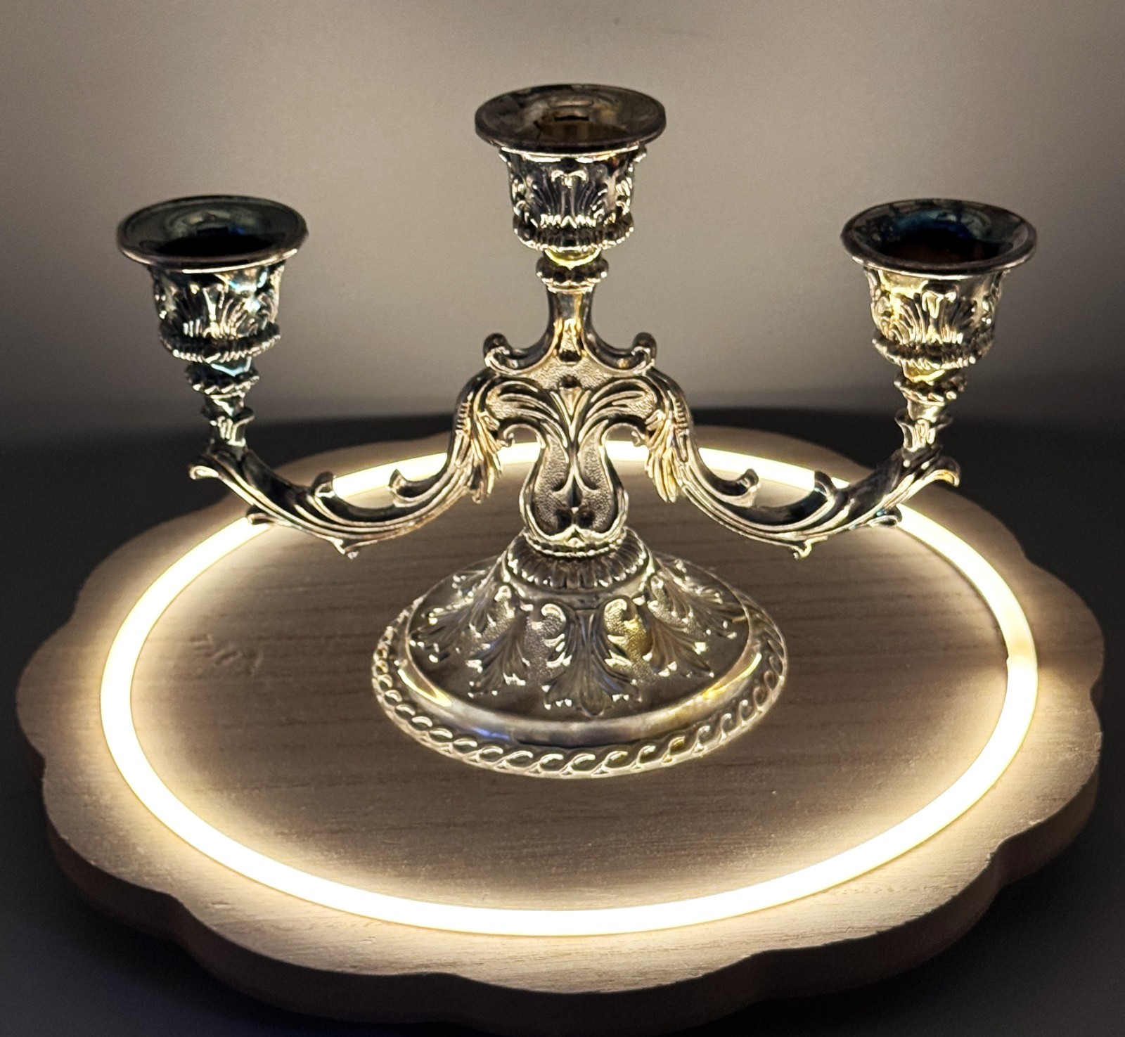 Vintage Silver Tone 3 Arm Candelabra with Patina Candle Holder 5.5\