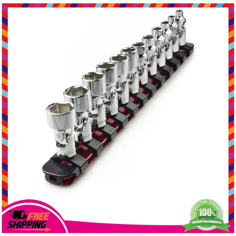 CROM 12-Piece 1/4 Drive Metric Flex Swivel Socket Set 5mm-15mm with Storage Rail