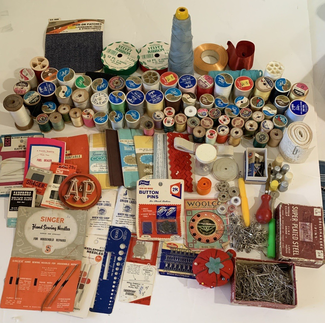 Huge Lot Vintage Sewing Notions Thread Spools Needles & More