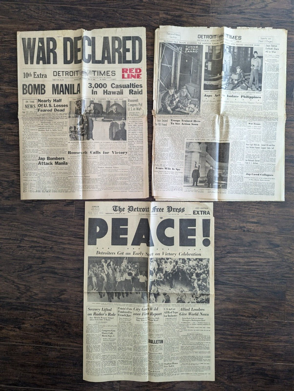 Detroit World War II Newspapers: Dec. 8, 1941 WAR DECLARED; Aug. 15, 1945 PEACE