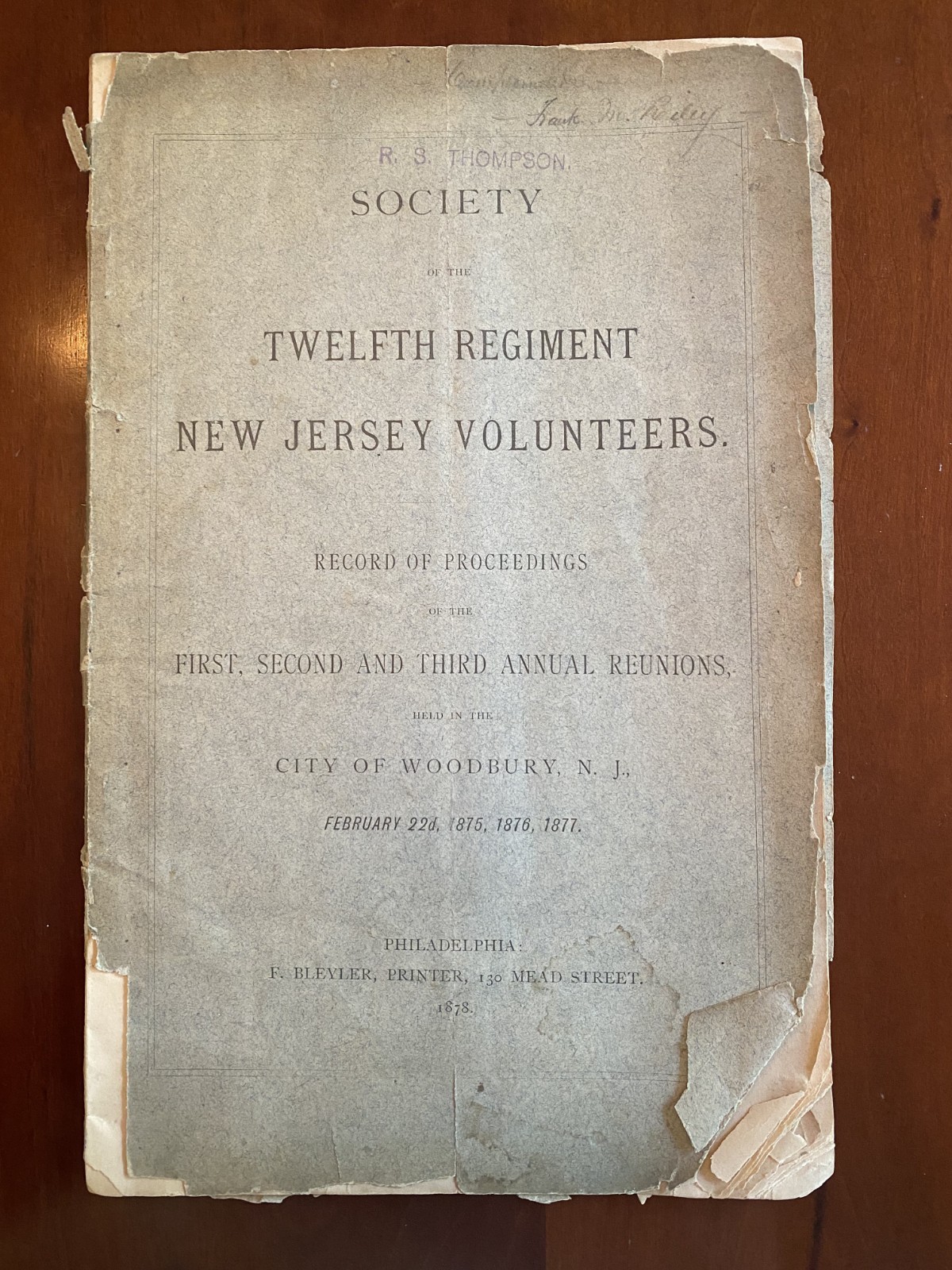 Civil War 12th New Jersey Signed Gettysburg Captain Riley LTC Thompson Book