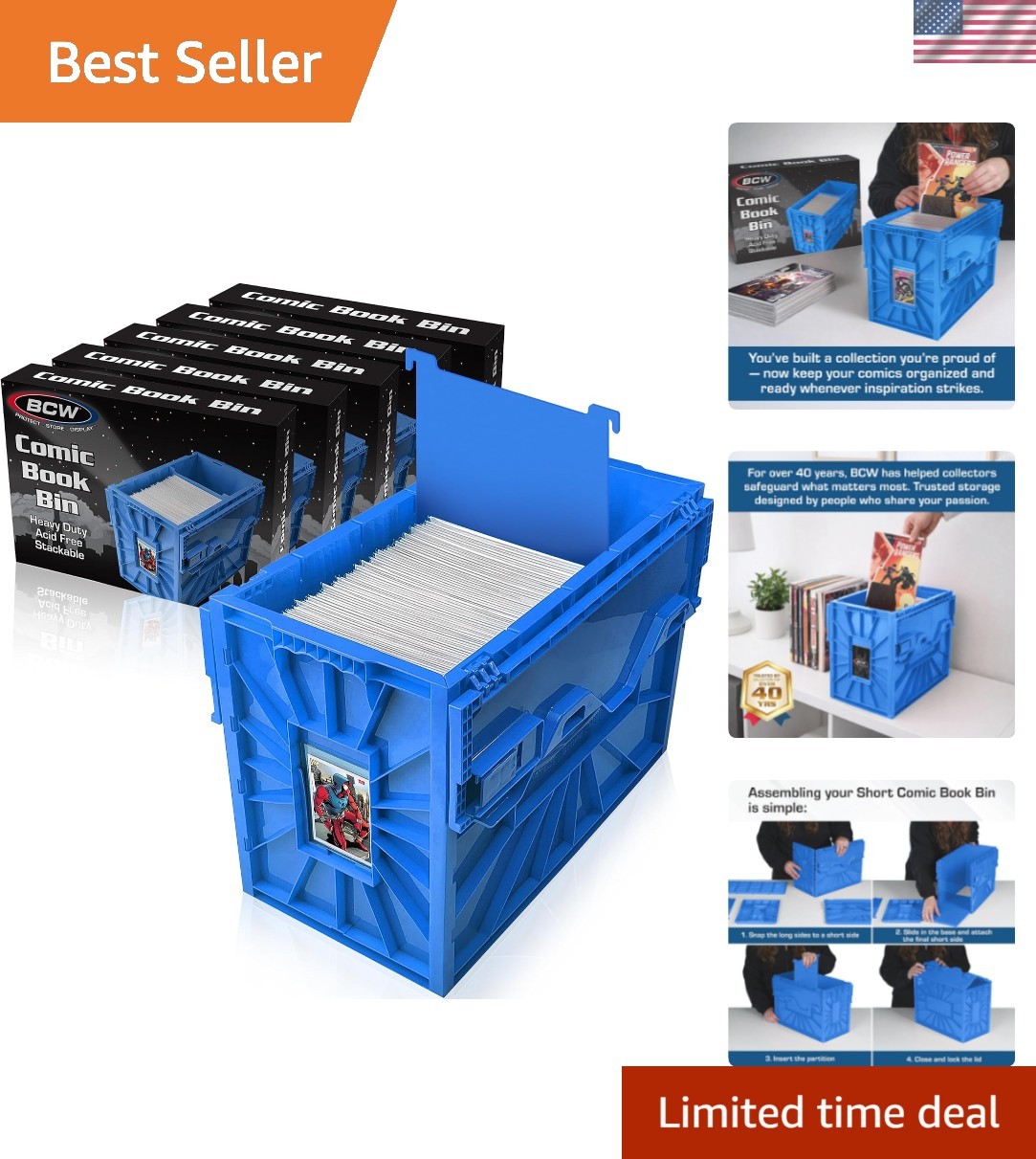 Short Comic Book Bin, Holds 150 Comics Each, Blue, 5 Pack