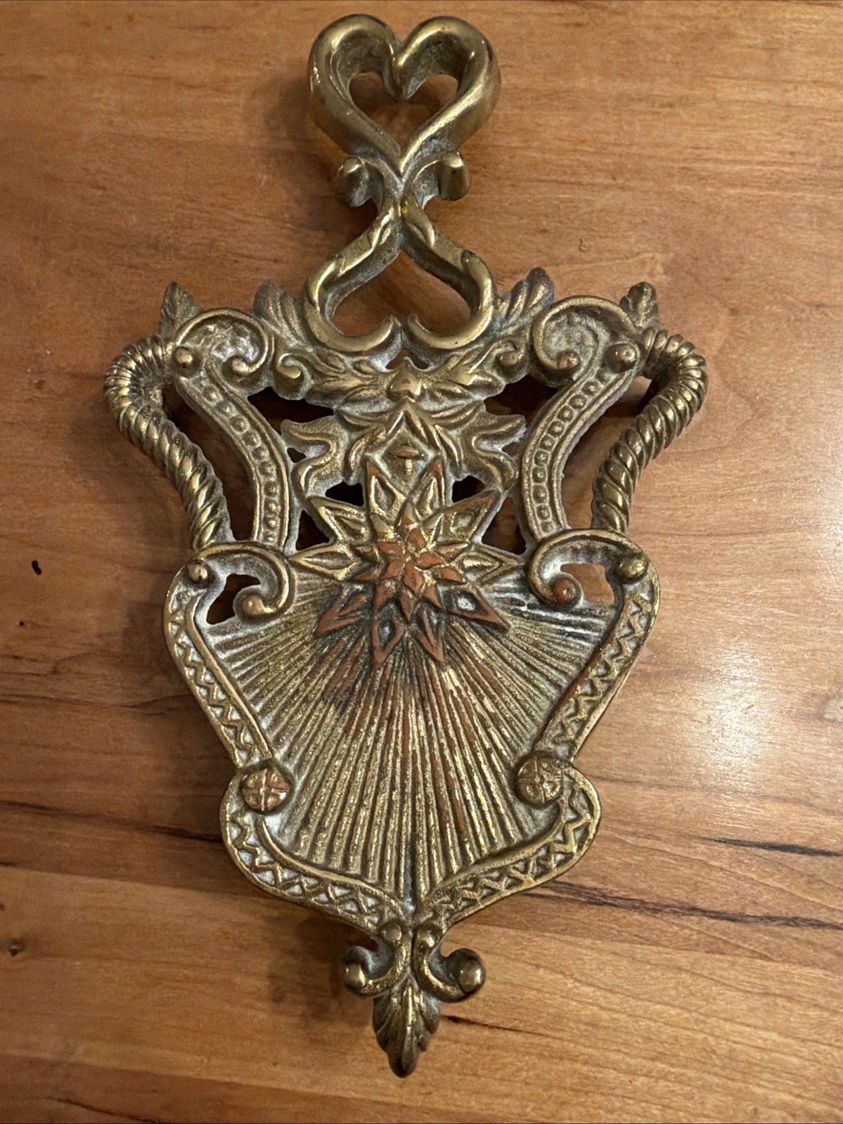 ntique Brass Wall Trivet Hearth Trivet Heart Hanger Sunburst c.1900 9x5