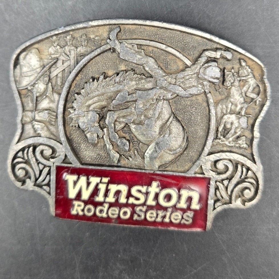 Vintage Winston Rodeo Series Belt Buckle Cowboy Bull Riding Tobacco Advertising