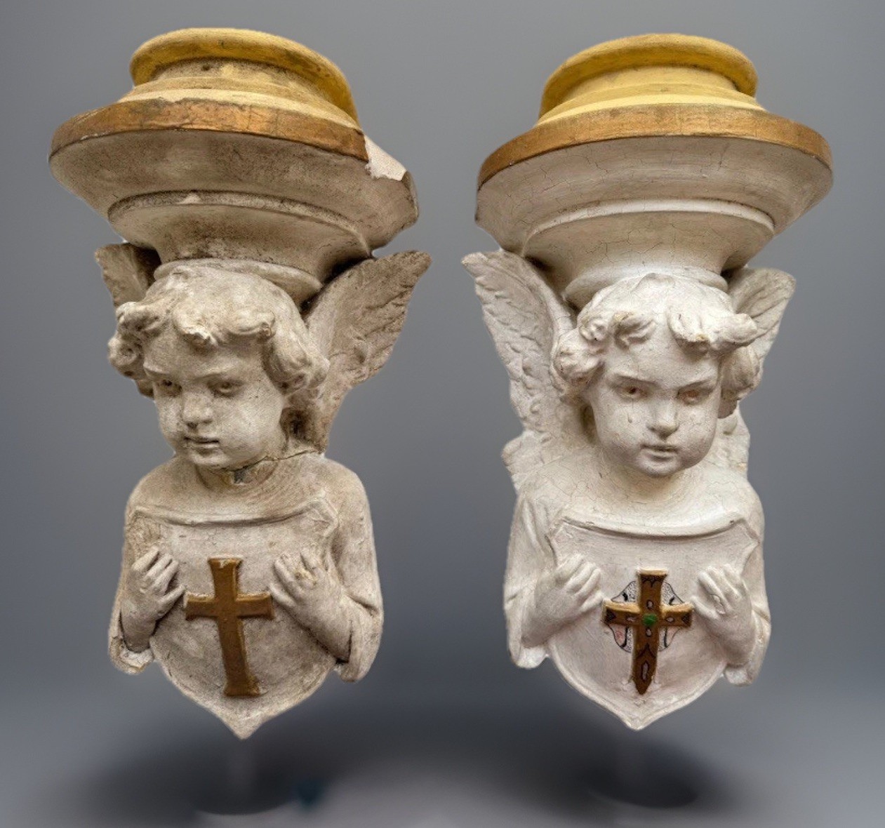Antique Angel Wall Brackets Corbels Architectural Salvage Pair 19c