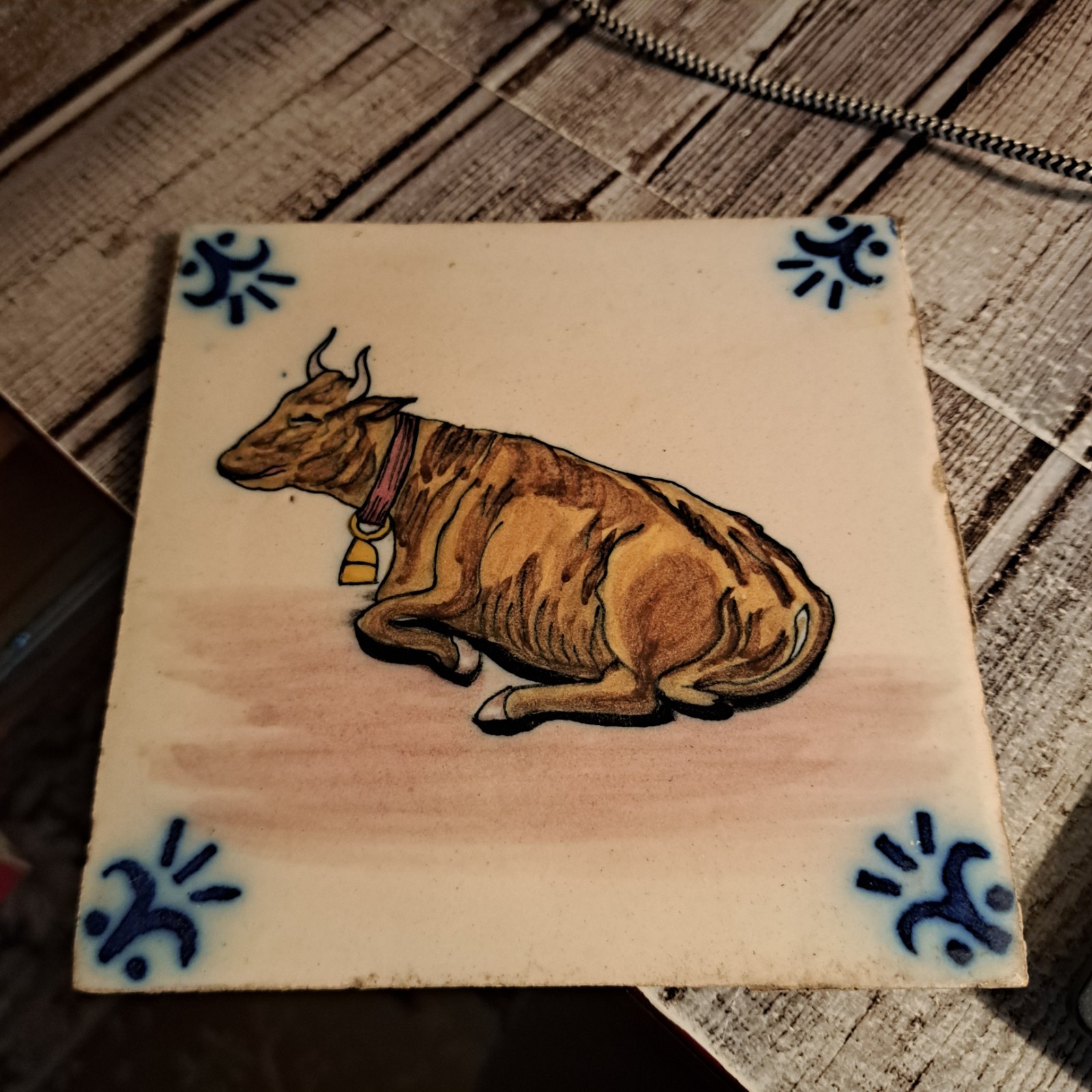Vintage Hand-Painted Portuguese Ceramic Tile Cow with Bell Architectural Salvage