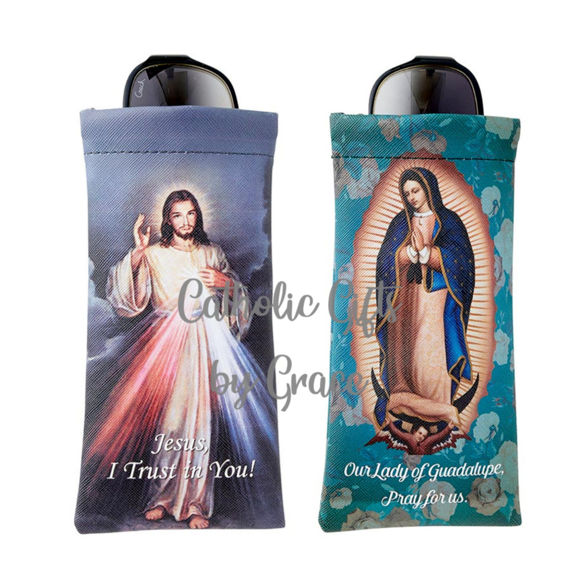 2 Pack Squeeze Top Eyeglass Cases Divine Mercy and Our Lady Guadalupe Catholic